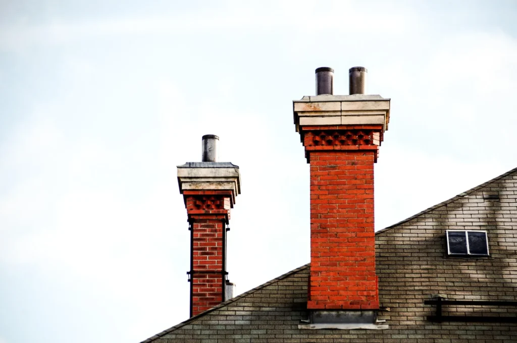 A close-up view of two distinct red brick chimneys on a gray asphalt shingle roof, with metal chimney pots and a large grey sky, illustrating common areas for roof inspections and repairs in Little Rock.