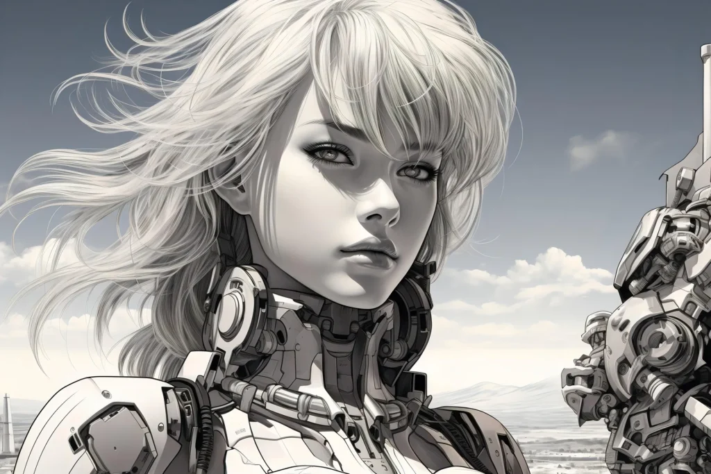 A high-detail, black-and-white digital illustration of a female cyborg with long, flowing hair and intricate mechanical neck plating, set against a vast, cloudy landscape.