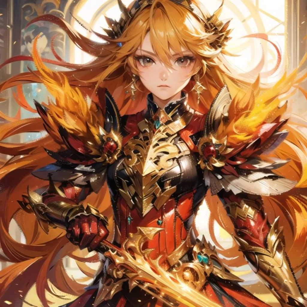 Anime-style illustration of a female warrior in ornate gold and crimson armor, holding a glowing sword, representing high-quality digital manga art.