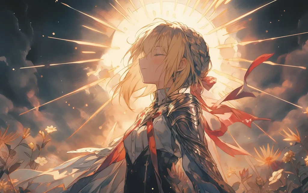 An anime-style illustration of a blonde girl in silver armor standing in a flower field, illuminated by a glowing golden sun behind her head.