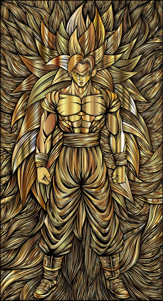 A detailed gold-monochrome illustration of a muscular manga character with long, spiked hair flowing to the floor, standing in a powerful pose with a serious expression.