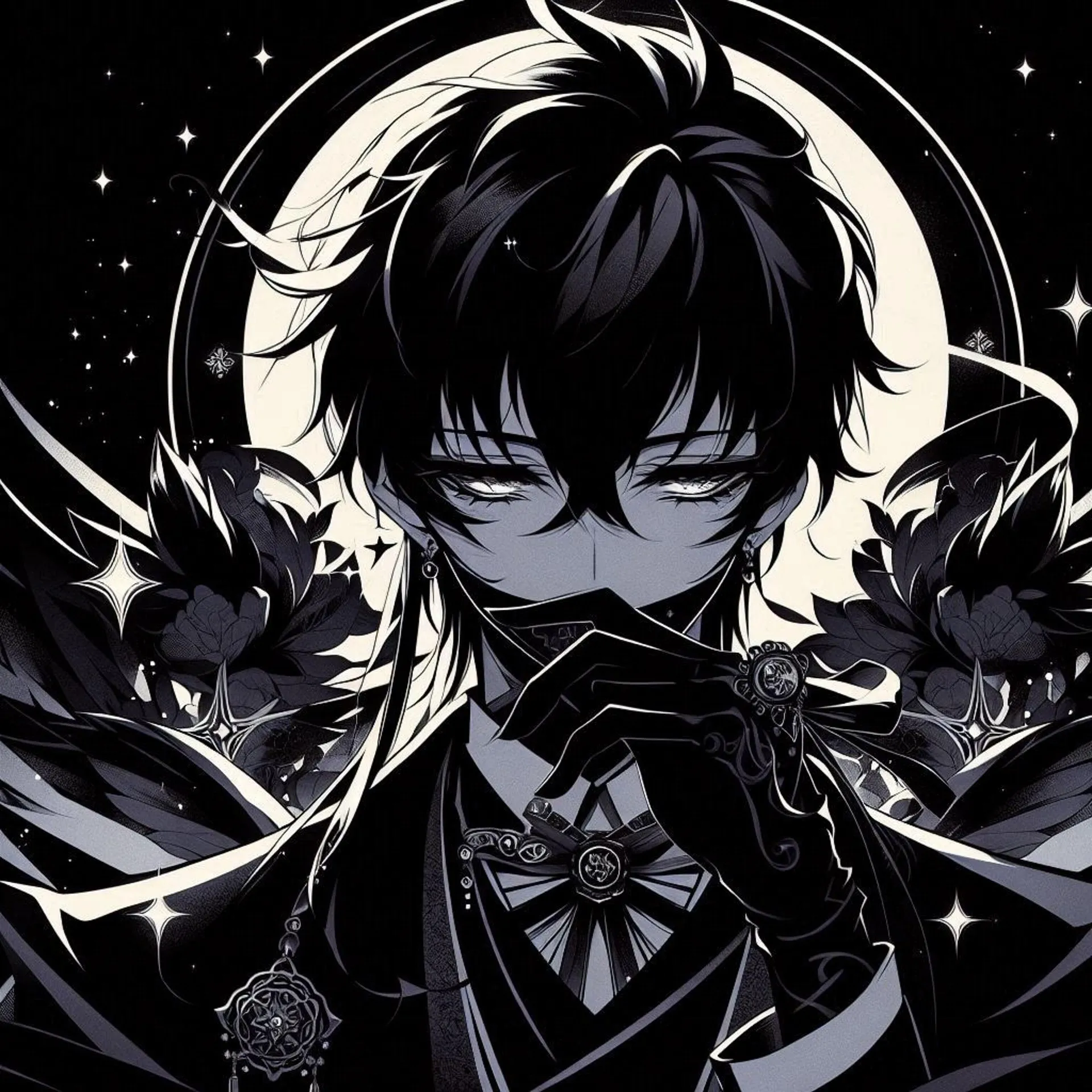 A high-contrast black and white anime-style illustration of a sophisticated male character with dark hair, wearing ornate Gothic-inspired attire and a crescent moon backdrop, symbolizing the Tsumino brand's aesthetic.