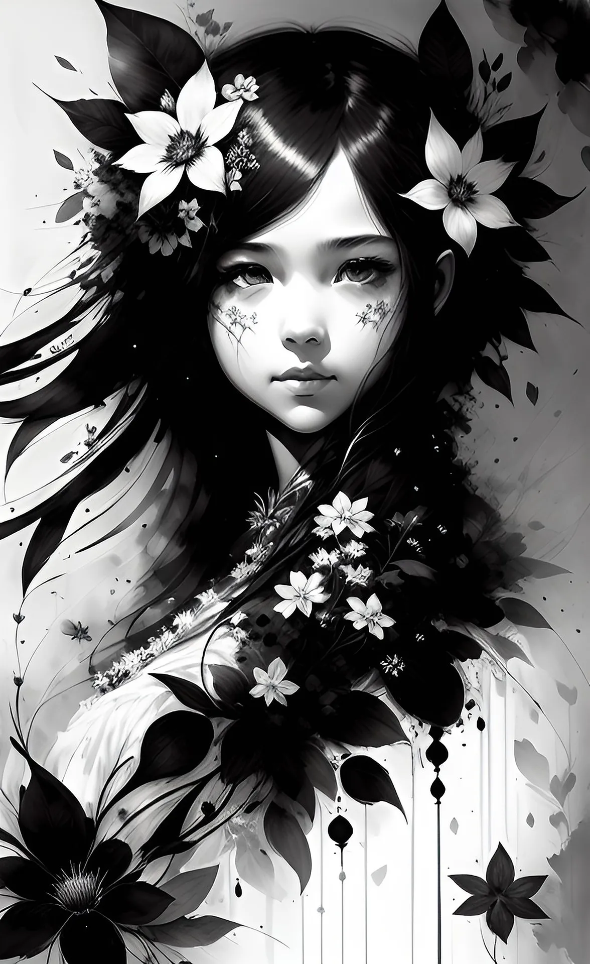 A high-contrast black and white digital illustration of a young girl with flowing dark hair, adorned with large white lily-like flowers. The style reflects modern Doujinshi art, featuring intricate ink-wash textures, delicate facial details, and a blend of floral and gothic elements.
