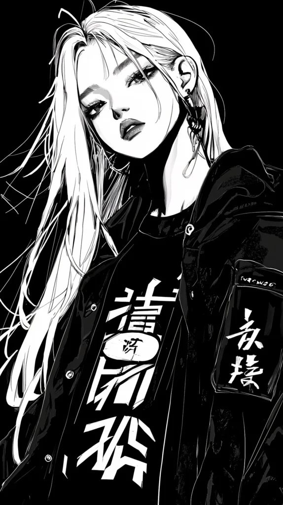 A high-contrast, black and white digital illustration of a young woman with long blonde hair, wearing a dark jacket and a t-shirt with stylized Japanese calligraphy, representing the modern aesthetic often found in independent doujinshi works.