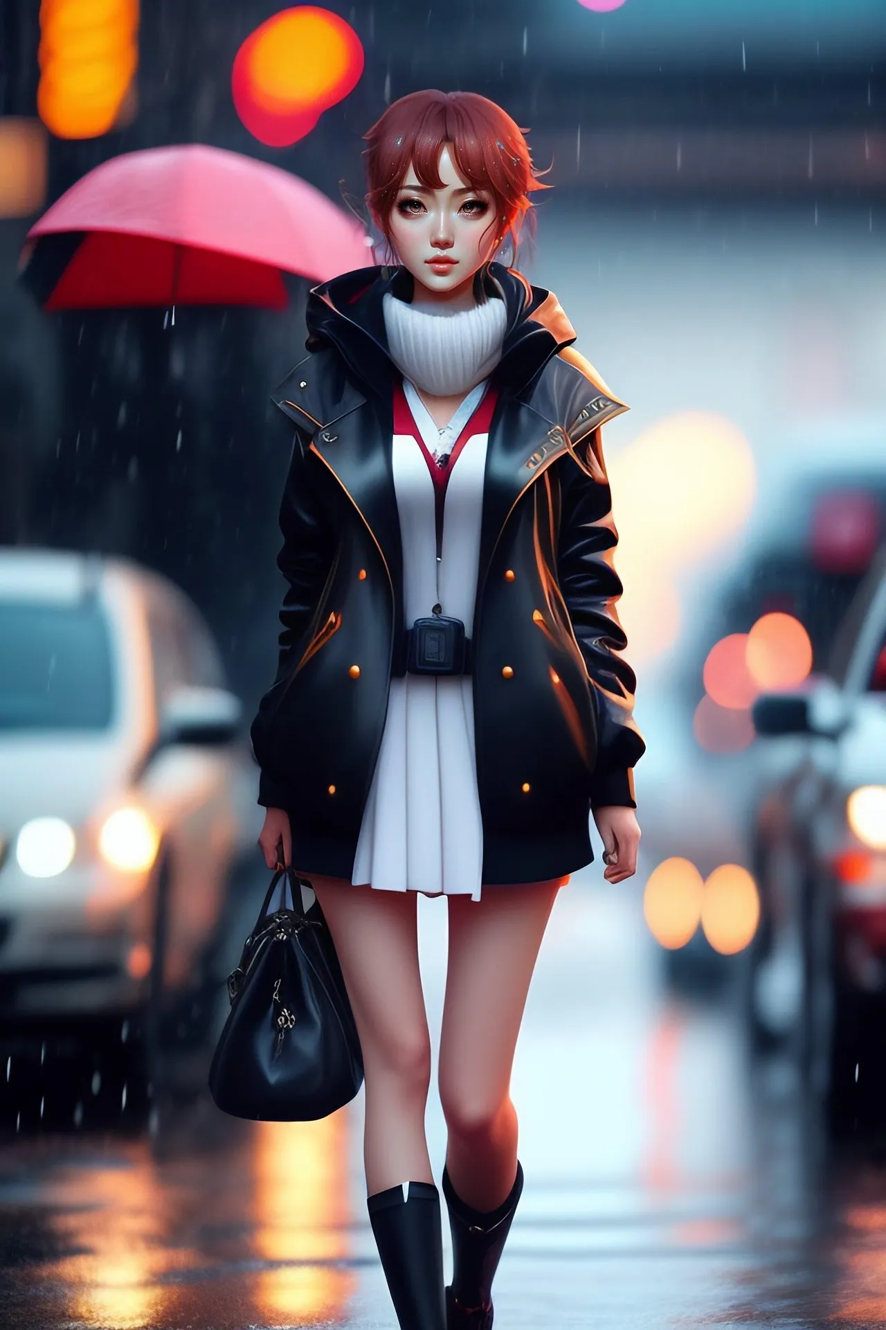 Anime-style girl with red hair wearing a black jacket and white skirt, walking through a rainy city street with blurred car lights in the background.