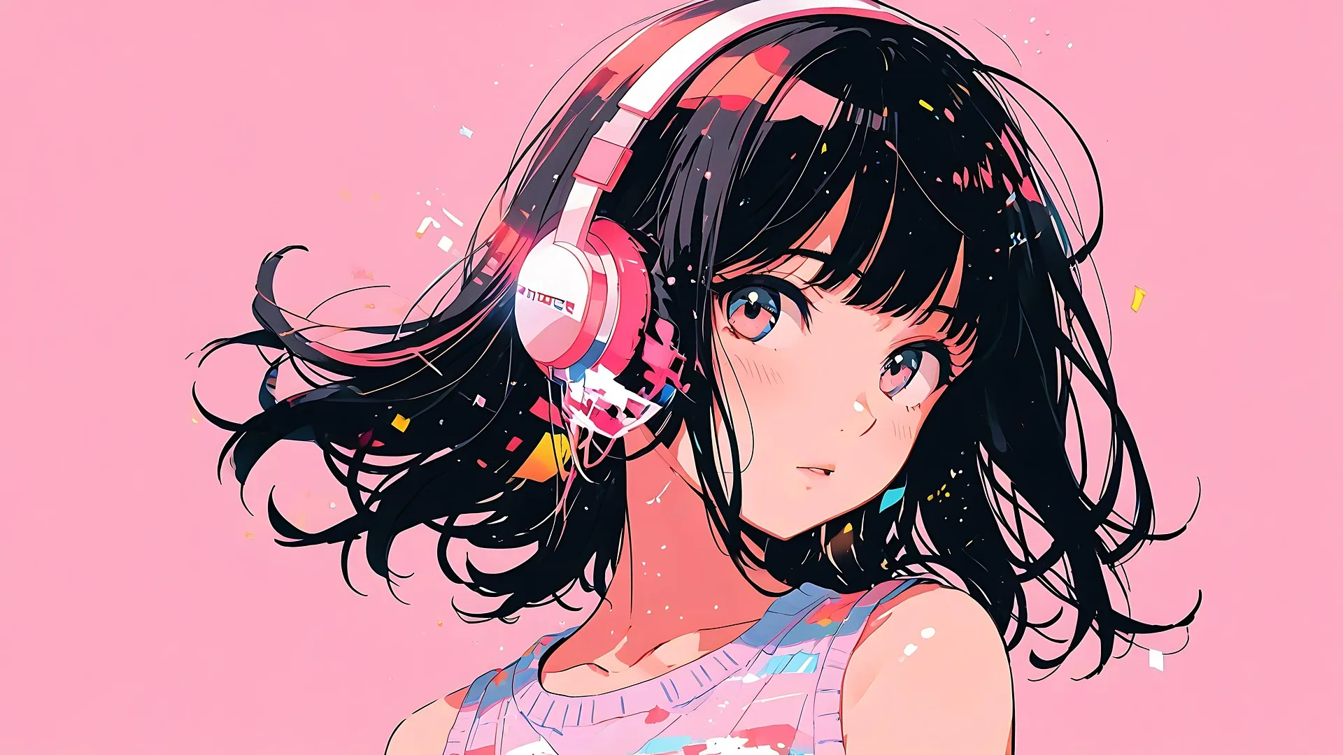 A vibrant anime-style illustration of a girl with short black hair wearing pink and white headphones against a solid pink background.