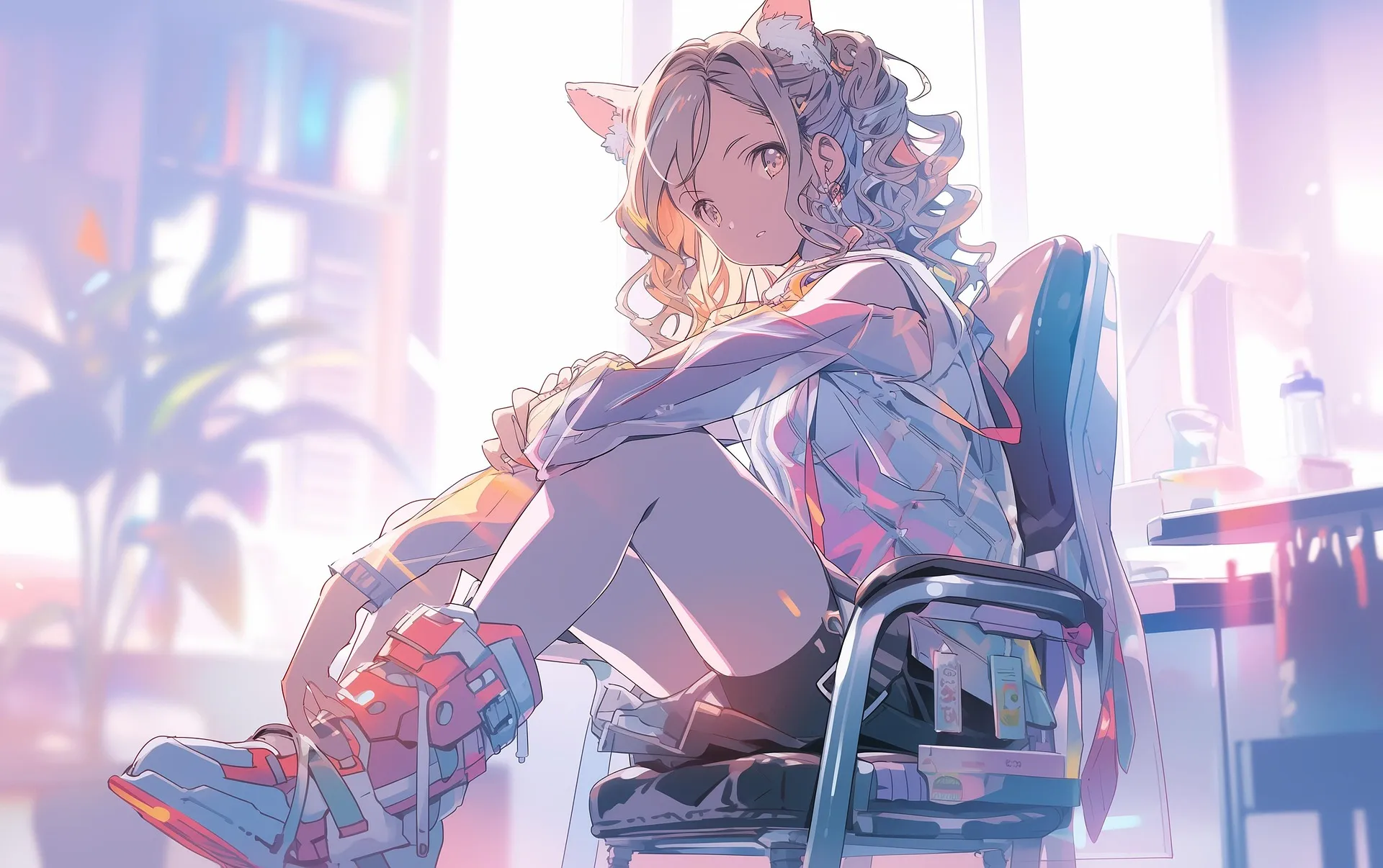 Digital anime-style illustration of a girl with cat ears sitting in an office chair, wearing futuristic red boots, surrounded by soft pastel light and a high-tech desk setup.