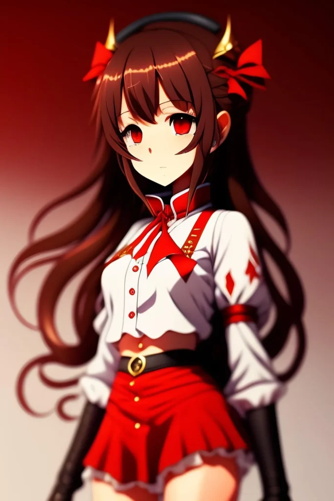 Anime-style girl with long brown hair, red eyes, and a red and white outfit featuring a cropped shirt and pleated skirt, set against a gradient red background.