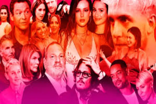 A collage of various celebrities and influencers, with a red and pink gradient overlay.
