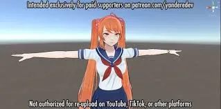 A 3D model of a female anime-style character with orange hair in pigtails, wearing a blue and white Japanese school uniform with a red scarf, presented against a plain background with text indicating it's exclusive content for Patreon supporters of "YandereDev" and not authorized for re-upload on other platforms.