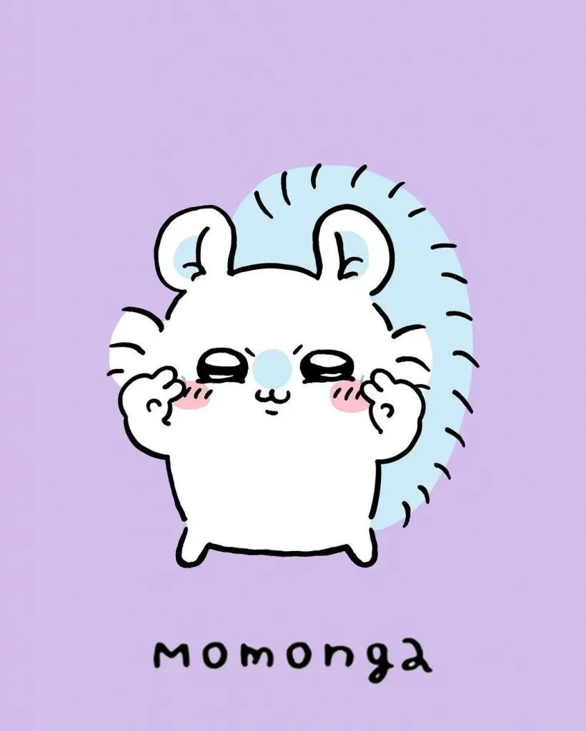 A cute white cartoon character, Momonga from Chiikawa, with rosy cheeks, small eyes, a light blue background element, and the word "MOMONGA" in purple text below.