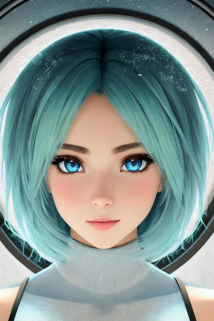 A high-definition 3D anime-style girl with short teal hair and bright blue eyes, wearing a futuristic silver mesh outfit against a circular glowing portal background.