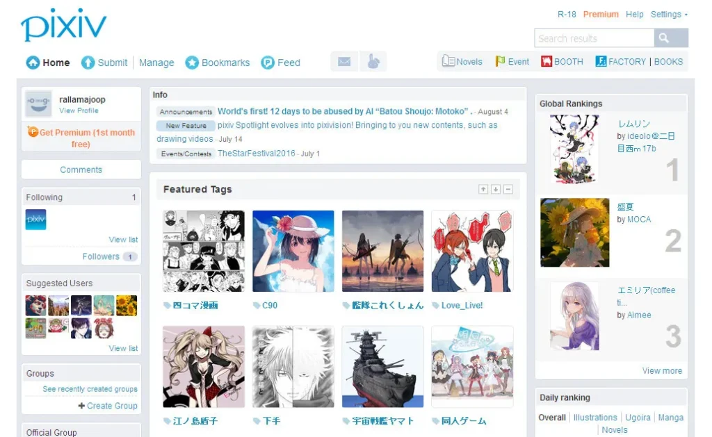 Screenshot of the Pixiv website homepage displaying various featured illustrations, manga, news announcements, and global rankings of popular artworks.