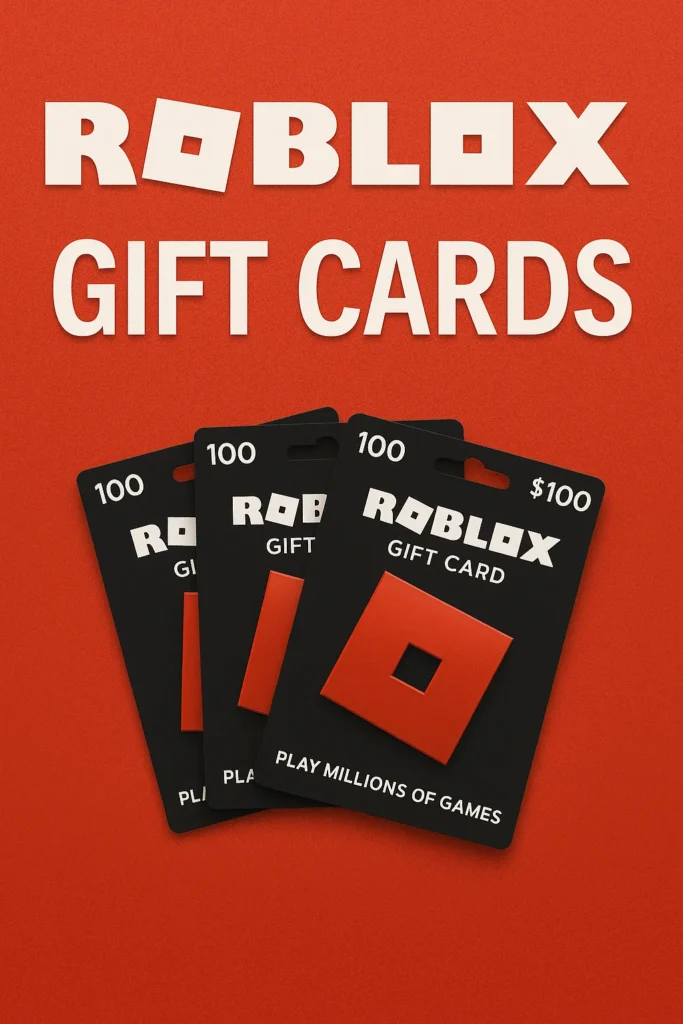 Roblox gift cards fanned out on a red background with bold white text reading "ROBLOX GIFT CARDS" above them.