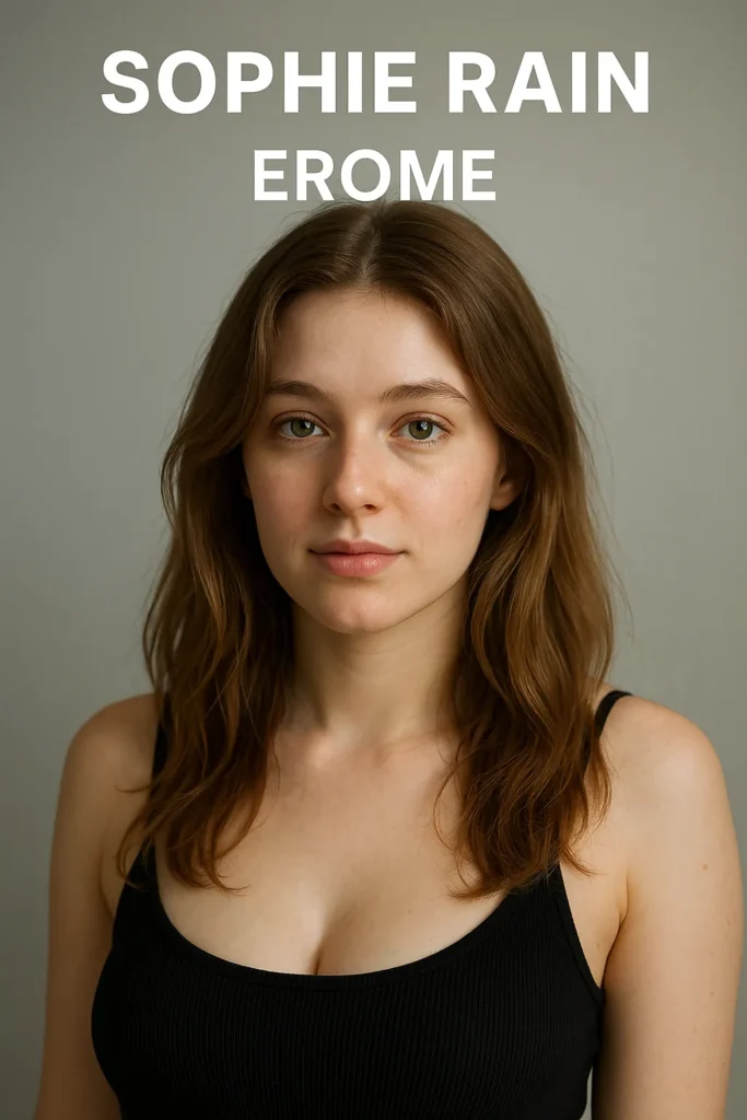 A headshot of Sophie Rain looking directly at the camera, with the text "SOPHIE RAIN EROME" above her. She has light brown hair, fair skin, and is wearing a black top.
