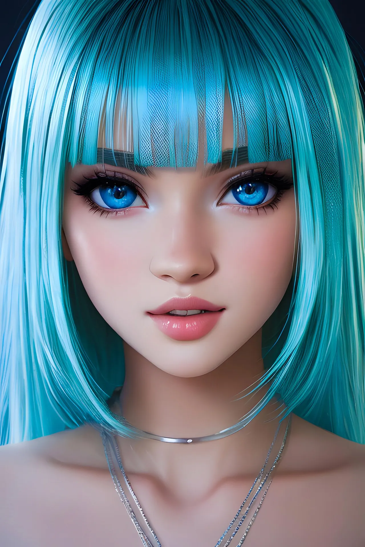 Close-up portrait of a digital anime girl with vibrant cyan hair, blue eyes, and silver necklaces, representing the aesthetic of anime databases.