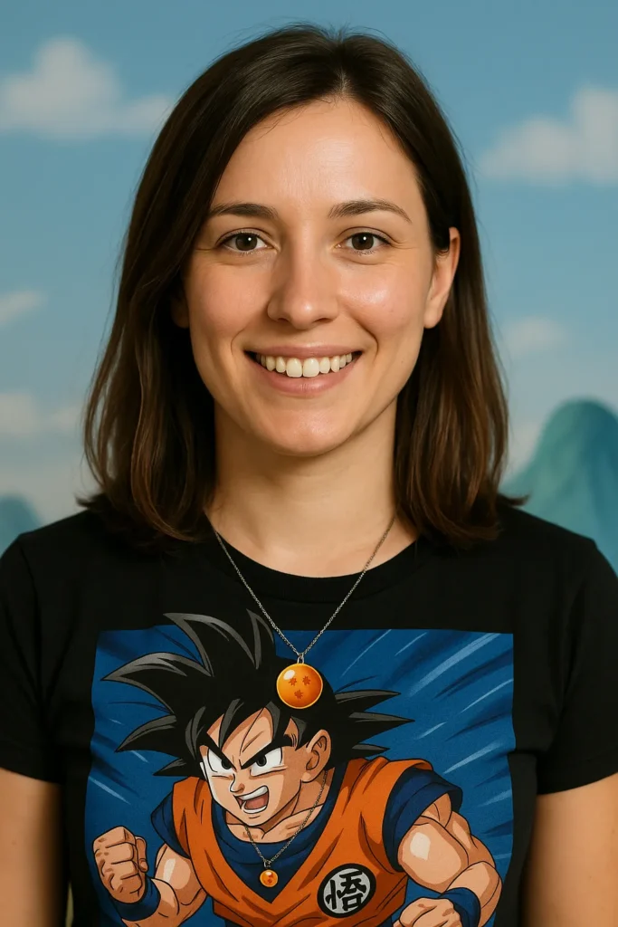 Portrait of author of article Ana Milojevik, a young Caucasian woman with long dark hair and soft features, wearing a stylish jacket with a subtle Dragon Ball-themed accessory, set against a softly lit background that hints at anime-inspired art.