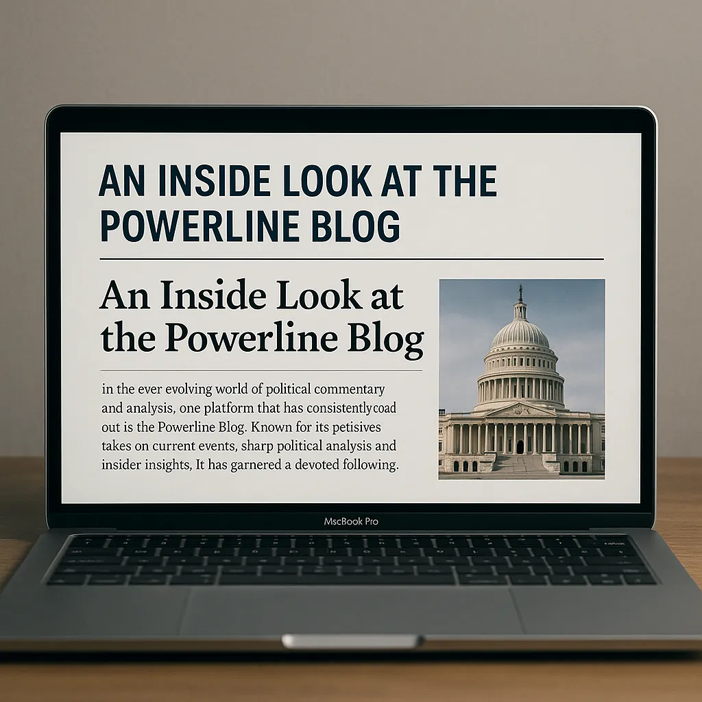 A MacBook Pro displays a blog article titled "An Inside Look at the Powerline Blog," featuring an image of the US Capitol Building next to the text. The screen shows the article's introduction and a "MacBook Pro" label at the bottom.