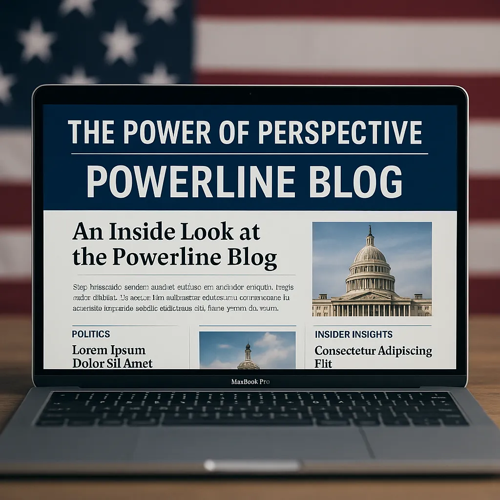 A close-up of a laptop screen displaying "The Power of Perspective: POWERLINE BLOG" with an article titled "An Inside Look at the Powerline Blog," featuring an image of the US Capitol Building. The American flag is blurred in the background.