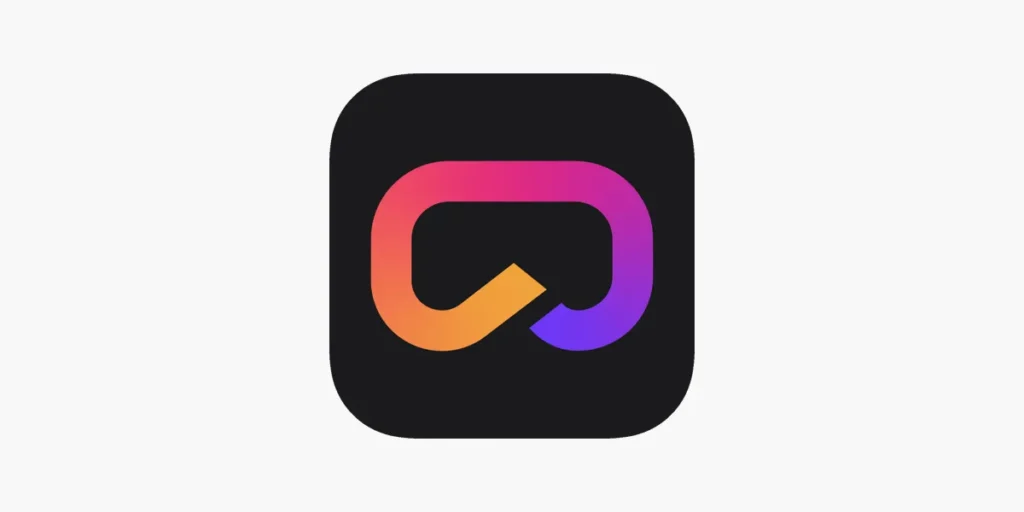 A dark gray square icon with rounded corners, featuring a vibrant, flowing abstract shape in gradients of orange, pink, and purple.
