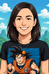 Illustrated avatar of a smiling woman with short dark hair, wearing a black t-shirt featuring an image of Goku from Dragon Ball, set against a background of mountains and blue sky.