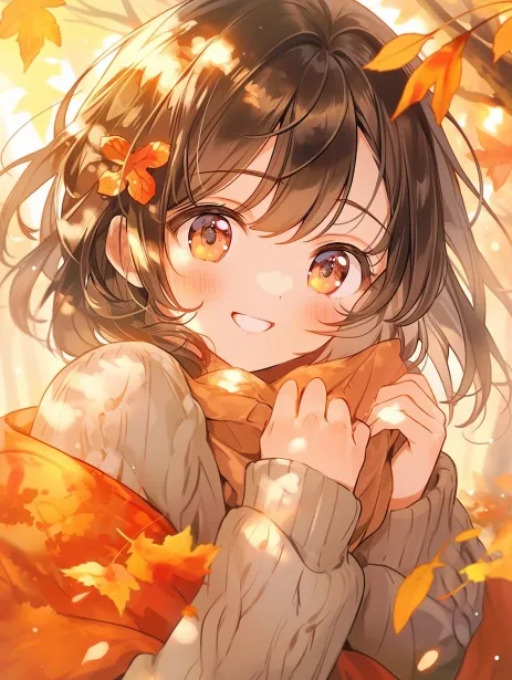 An adorable anime girl with brown hair and large, sparkling amber eyes, dressed in a cozy light brown sweater and an orange scarf, surrounded by golden autumn leaves, smiling warmly, showcasing the charming and popular aesthetic of anime girls in modern pop culture.