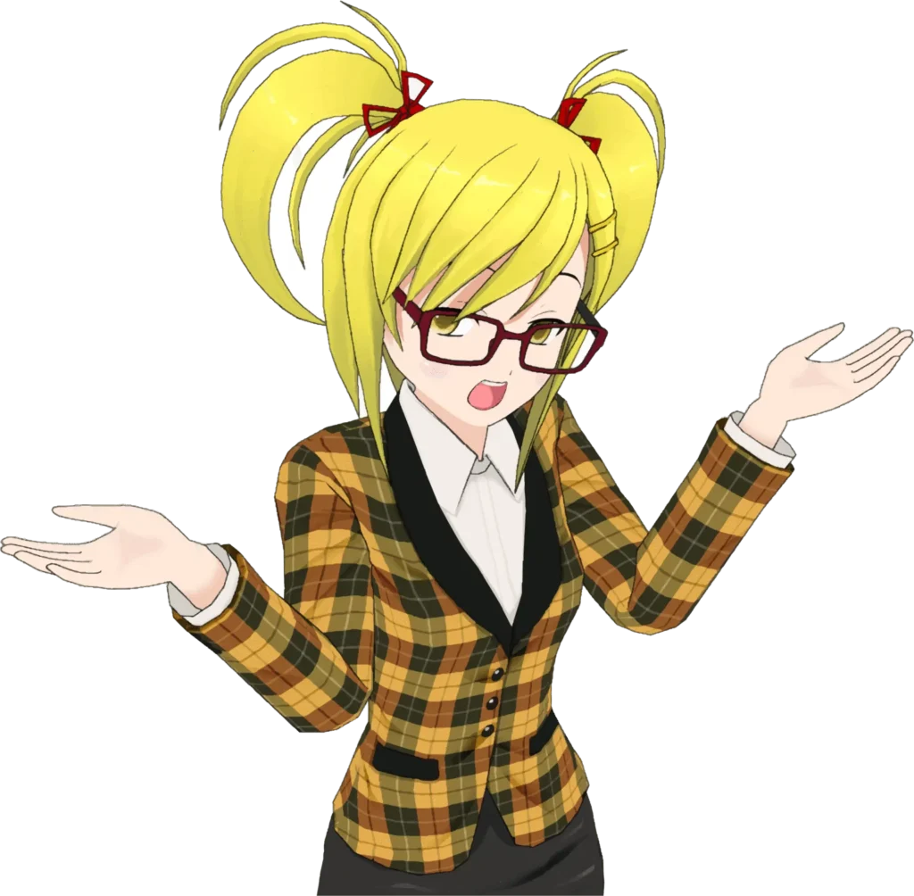 An expressive anime girl with bright yellow hair styled in high pigtails with red ribbons, wearing red-framed glasses and a plaid blazer, gesturing with open palms as if in question or uncertainty, reflecting the diverse personalities within the anime girl phenomenon in global pop culture.