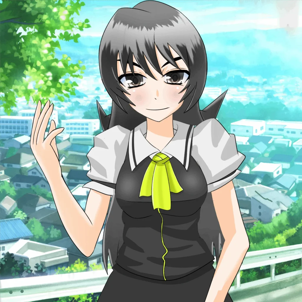 An animated black-haired anime girl with a friendly expression and a yellow bow tie, waving in front of a suburban landscape, symbolizing the pervasive and increasing presence of anime girls in global pop culture.