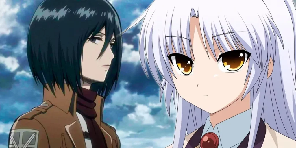 A split image featuring two iconic female anime characters with kuudere traits: Mikasa Ackerman from Attack on Titan on the left, and Kanade Tachibana (Angel) from Angel Beats! on the right.