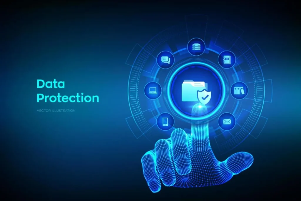 A glowing blue wireframe hand pointing towards a central folder icon with a shield, surrounded by other security and data icons like a padlock, server, and message bubble, all against a dark blue background with the text "Data Protection".