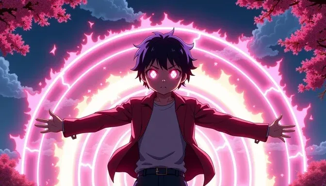 An anime-style character with dark hair, glowing eyes, and a determined expression, projecting a powerful, luminous pink energy sphere from her hand, surrounded by dynamic light effects.