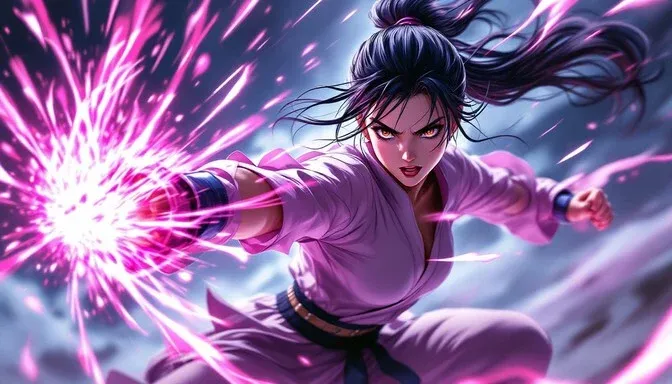 A dynamic illustration of a powerful anime-style character in a martial arts gi, generating an intense pink energy blast from her fist, with a fierce expression and glowing eyes.