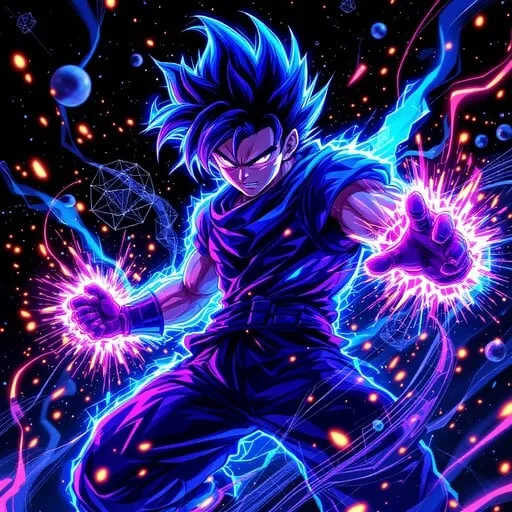 A powerful anime character with spiky blue hair and glowing eyes, resembling a Super Saiyan, surrounded by crackling blue and pink energy as he prepares for an attack.
