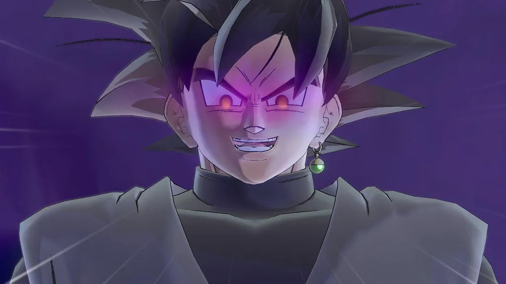 Close-up of Goku Black with his iconic black spiky hair, glowing purple eyes, a sinister smirk, and a green Potara earring, set against a dark purple background.