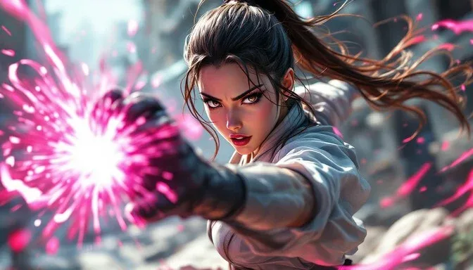 A powerful anime character with dark hair and a serious expression unleashes a vibrant pink energy attack, with glowing particles emanating from her hand.