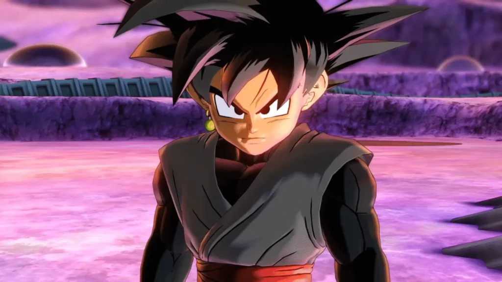 A young, anime-style character resembling a male Saiyan with black spiky hair, wearing a dark gi and a green Potara earring, stands with a serious expression against a vibrant, alien landscape of purple and pink.