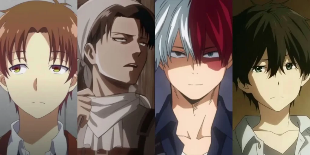 A four-panel collage featuring male anime characters recognized for their kuudere traits: Ayanokoji from Classroom of the Elite, Levi Ackerman from Attack on Titan, Shoto Todoroki from My Hero Academia, and Houtarou Oreki from Hyouka.