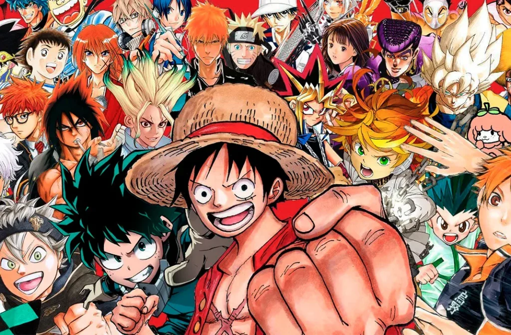 A vibrant, crowded illustration featuring numerous popular anime and manga characters. In the foreground, Monkey D. Luffy from One Piece grins broadly, wearing his straw hat and pointing forward. Around him are characters like Naruto Uzumaki, Ichigo Kurosaki from Bleach, Izuku Midoriya from My Hero Academia, Eren Yeager from Attack on Titan, Asta from Black Clover, Emma from The Promised Neverland, and many others from various shonen series, all depicted in a dynamic and colorful style.