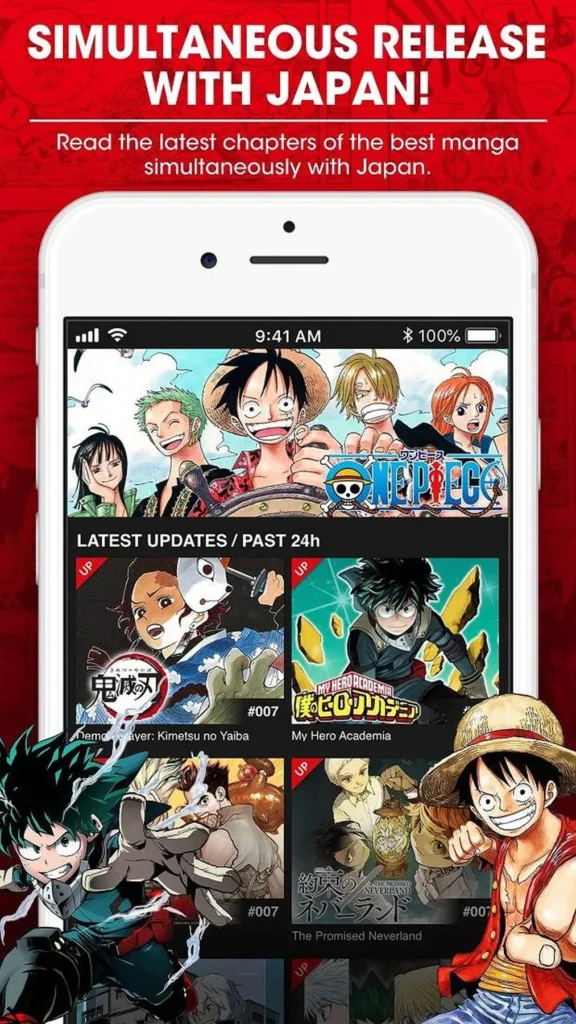 A smartphone screen displaying the Manga Plus app, with "One Piece" prominently featured at the top. Below it, sections for "Latest Updates / Past 24h" show covers for "Demon Slayer: Kimetsu no Yaiba," "My Hero Academia," and "The Promised Neverland." The text above the phone reads "SIMULTANEOUS RELEASE WITH JAPAN!" and "Read the latest chapters of the best manga simultaneously with Japan."