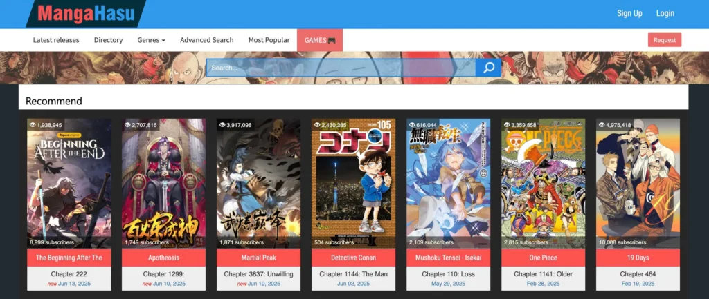 A screenshot of the MangaHasu website interface, displaying various manga covers under a "Recommend" section. Featured titles include "Beginning After The End," "Apotheosis," "Martial Peak," "Detective Conan," "Mushoku Tensei - Isekai," "One Piece," and "19 Days," each showing subscriber counts and latest chapter release dates. The website's navigation bar with options like "Latest releases," "Directory," "Genres," "Advanced Search," "Most Popular," and "Games" is visible at the top.