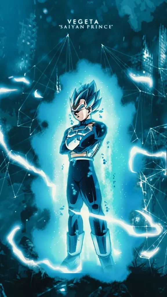 Full-body image of Vegeta in Super Saiyan Blue form, standing with arms crossed within a powerful blue aura, against a backdrop of stylized blue city buildings, with text "VEGETA 'SAIYAN PRINCE'".