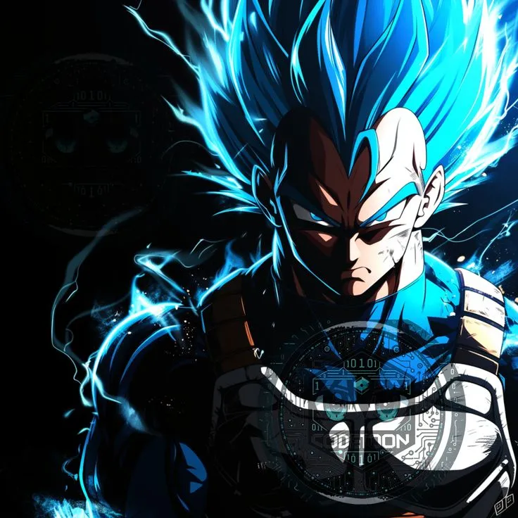 Vegeta in his Super Saiyan Blue form, with spiky blue hair and an intense expression, surrounded by a vibrant blue aura and subtle digital elements.