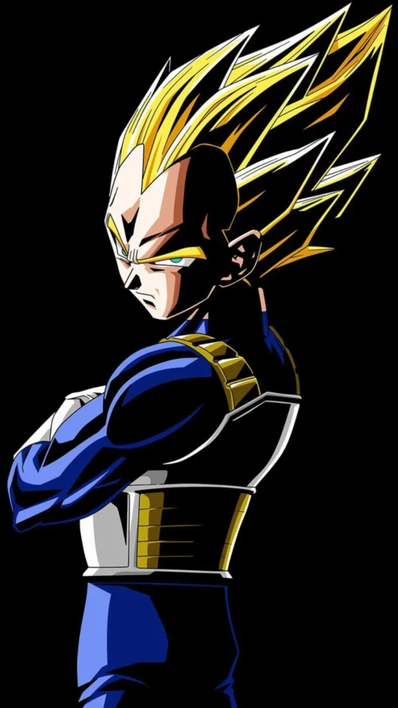 Vegeta in his Super Saiyan form, with spiky golden hair and a serious expression, arms crossed, set against a dark background.