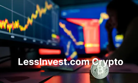 Close-up of a Bitcoin coin in front of computer screens displaying crypto trading charts and the text "LessInvest.com Crypto".