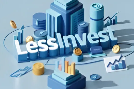 3D rendering of the word "LessInvest" in large, white, blocky letters surrounded by stylized blue and gold financial elements like coins, charts, graphs, and simplified buildings, against a light blue background.