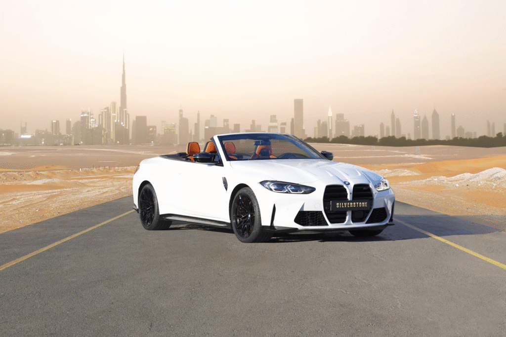 White BMW used car parked in Dubai city

