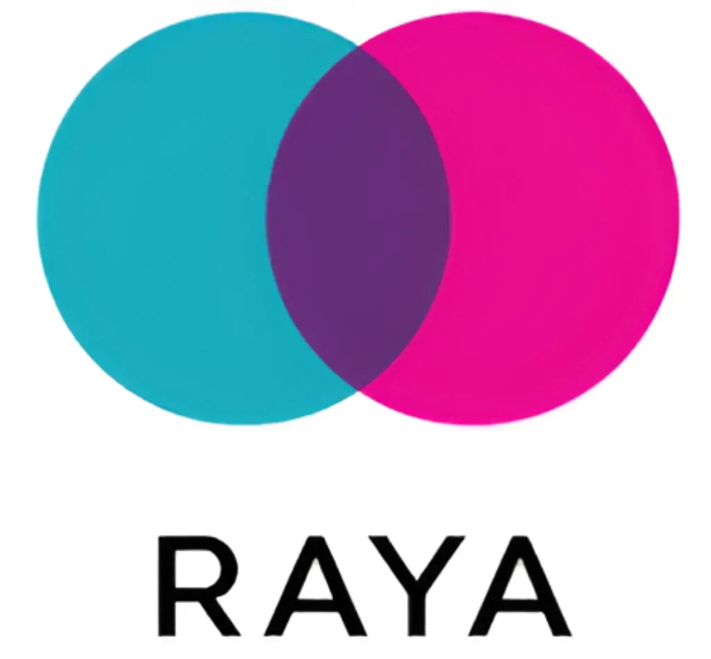 The Raya dating app logo, featuring two overlapping circles in teal and magenta, with the word 'RAYA' in black text beneath them.