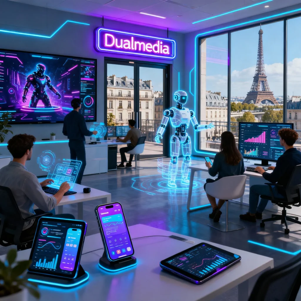 A futuristic office space in Paris overlooking the Eiffel Tower, featuring the "Dualmedia" neon sign, a glowing holographic robot in the center, and employees working on neon-lit interfaces, symbolizing AI and digital innovation.