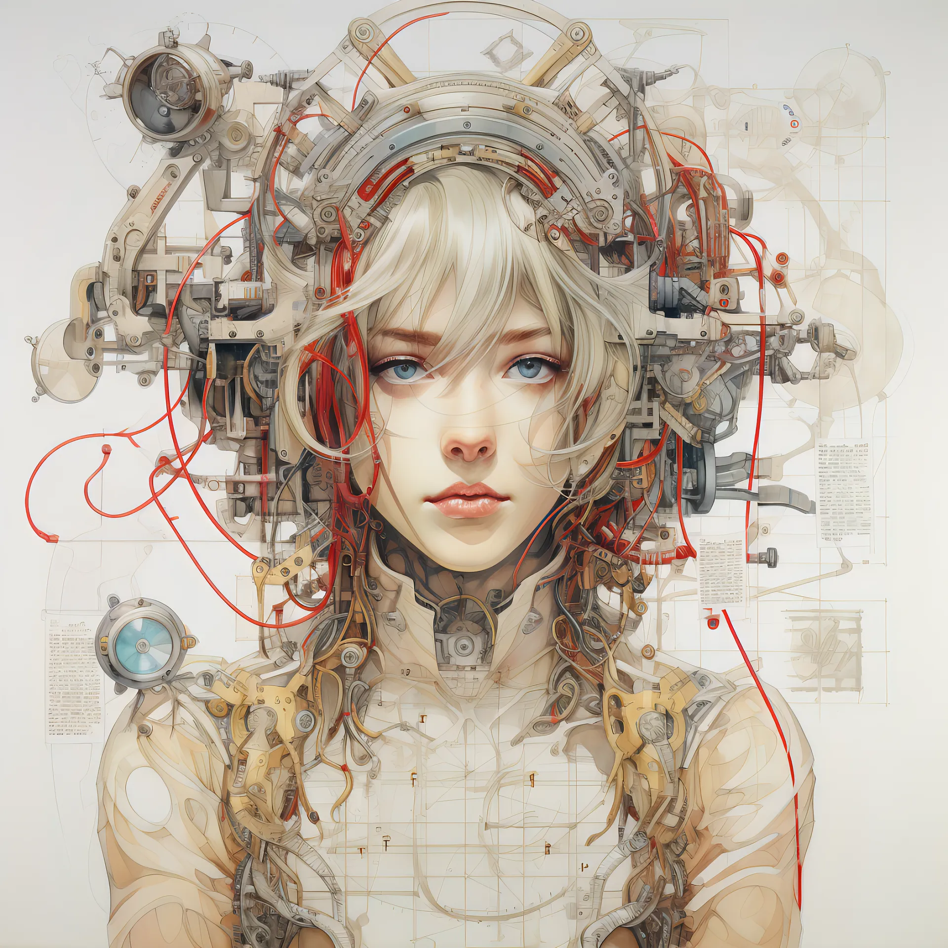 A detailed anime-style portrait of a girl with silver hair and blue eyes, wearing complex cybernetic headgear featuring intricate gears, red wiring, and mechanical technical components.