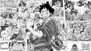 A dynamic grayscale collage of manga panels from One Piece, with a large, smiling, colored illustration of Monkey D. Luffy in traditional Japanese attire prominently displayed in the center.